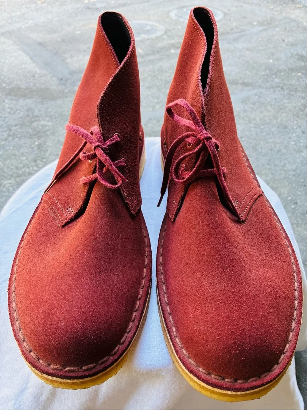 Clarks Burgundy Suede Desert Boots, Size 10.5